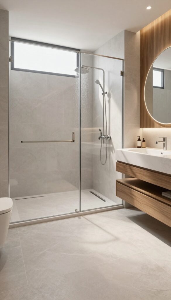 Curbless shower with flush floor and linear drain in a modern bathroom