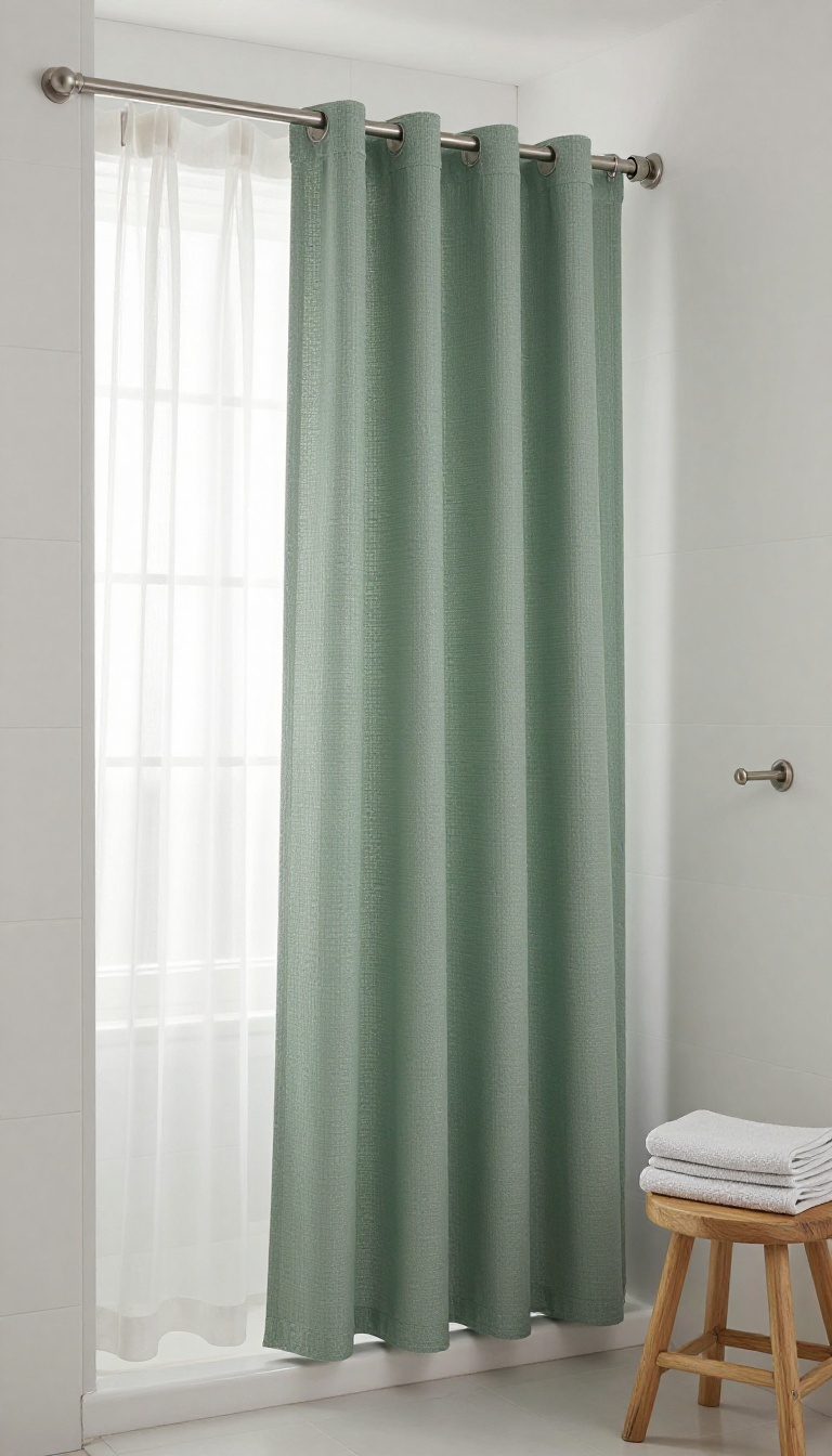 Layered shower curtains with sheer inner and textured outer fabric in a bright, modern bathroom