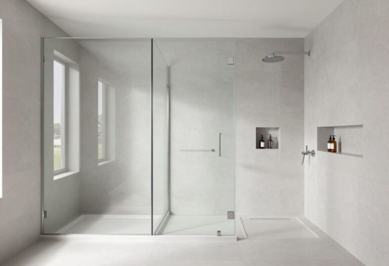 Modern bathroom with frameless glass shower and rainfall showerhead