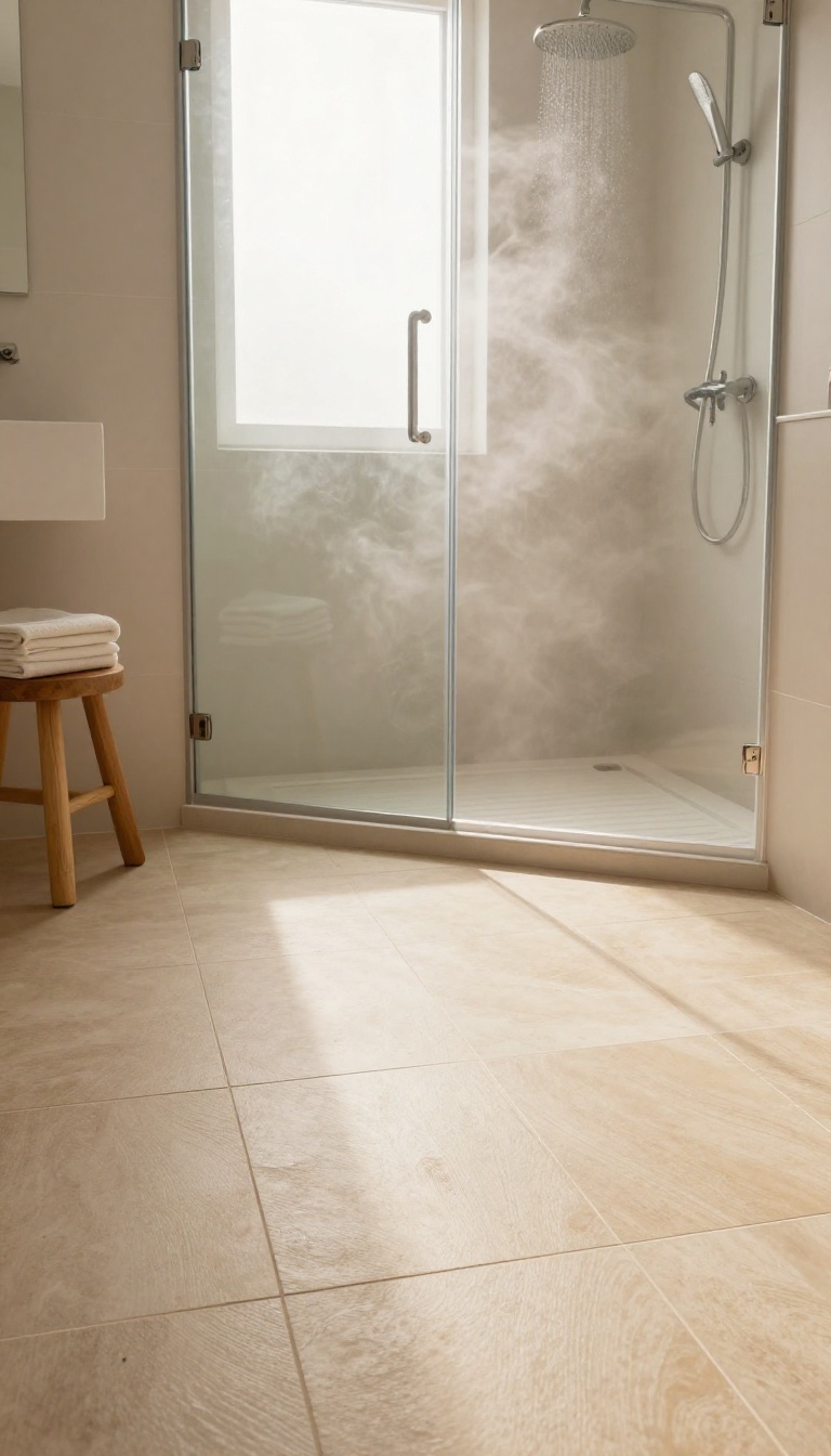 Modern bathroom with a walk-in shower and warm heated porcelain tile floor, bathed in natural light.