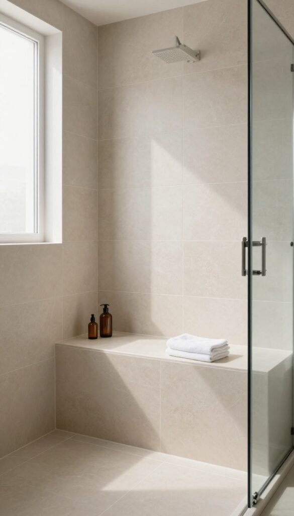 Modern shower with a tiled bench featuring a built-in niche for storage, bright natural light, seamless tile design
