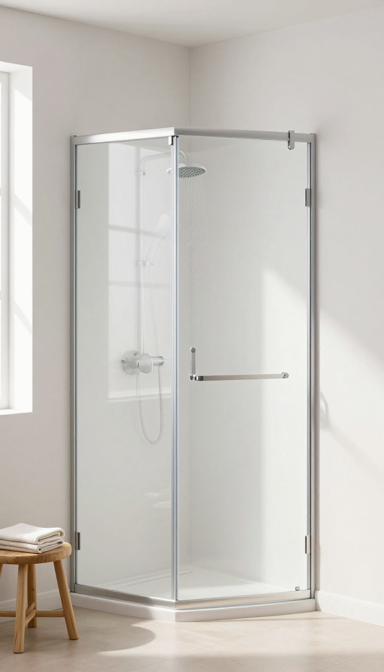 Compact shower room with a sliding glass door and extra floor space for a stool and towel
