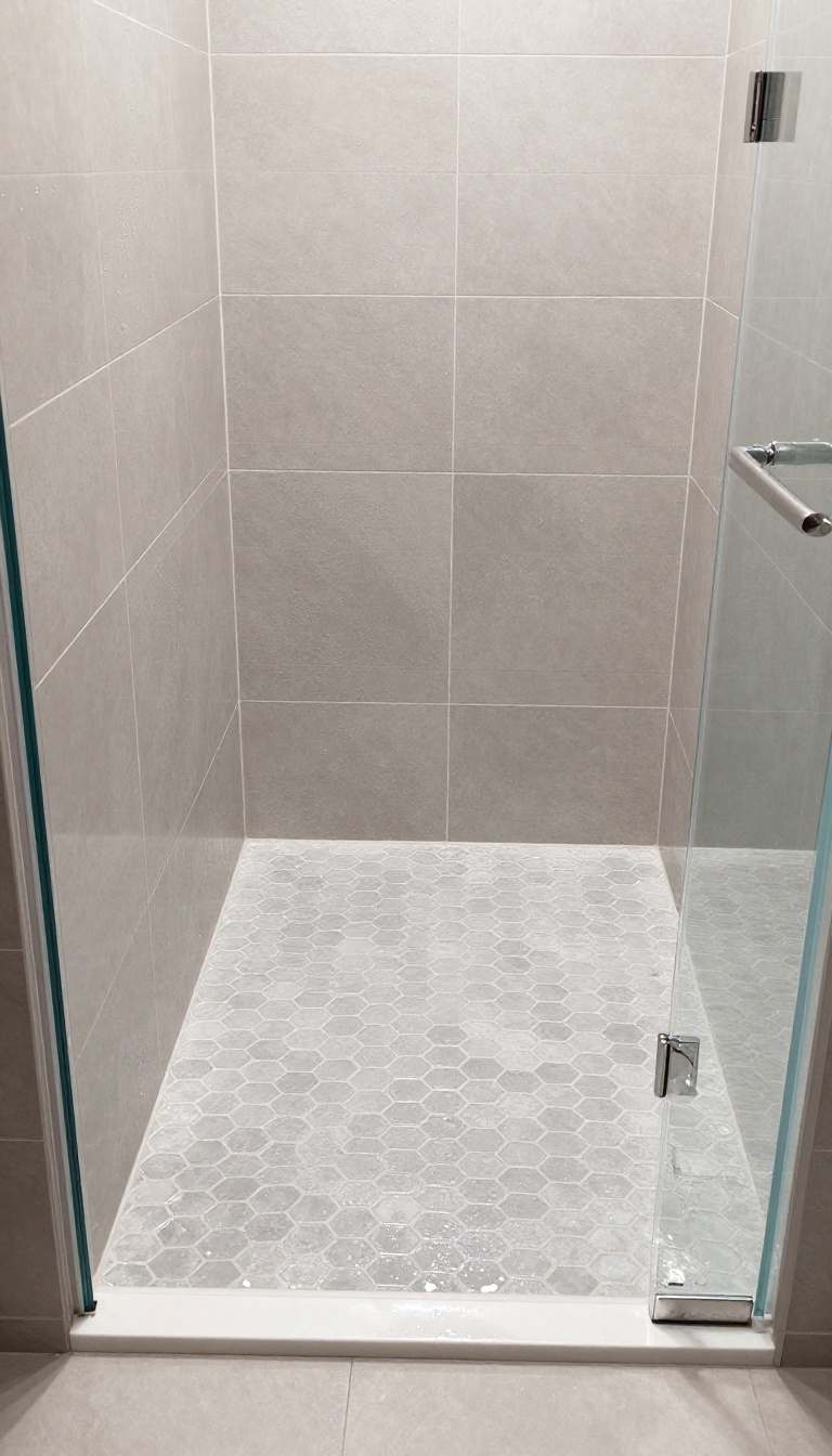 Polished hexagon mosaic tile shower floor with glossy finish and clean grout lines in a bright modern bathroom