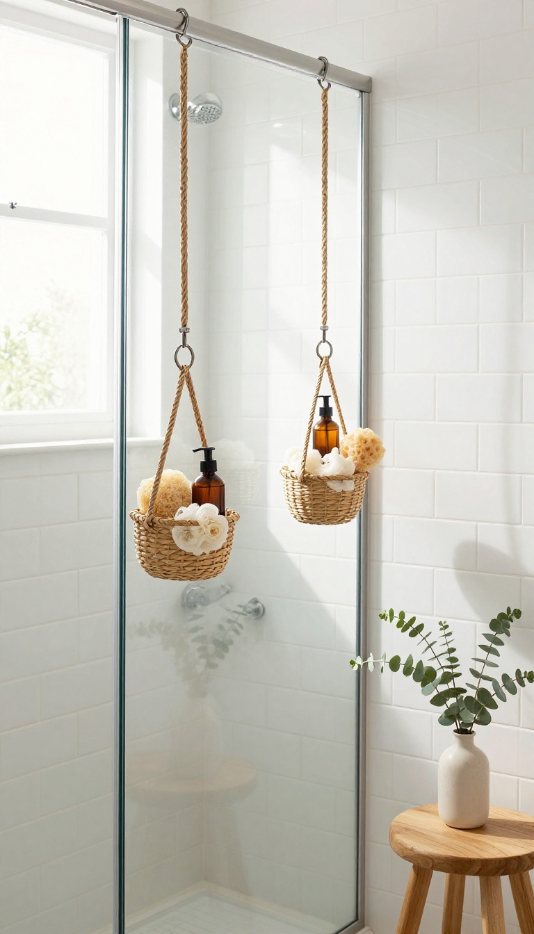 Hanging baskets in a spa-like shower for organized storage