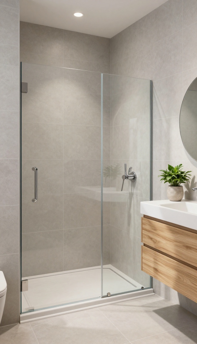 Modern zero-entry shower with large-format tiles and minimal grout lines in a bright, airy bathroom