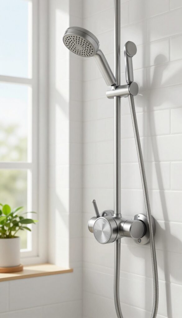 Modern thermostatic shower valve with digital display in a bright, tiled bathroom