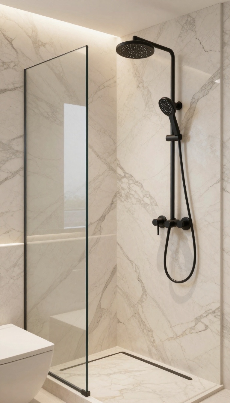 Modern bathroom shower with polished onyx walls and matte black fixtures