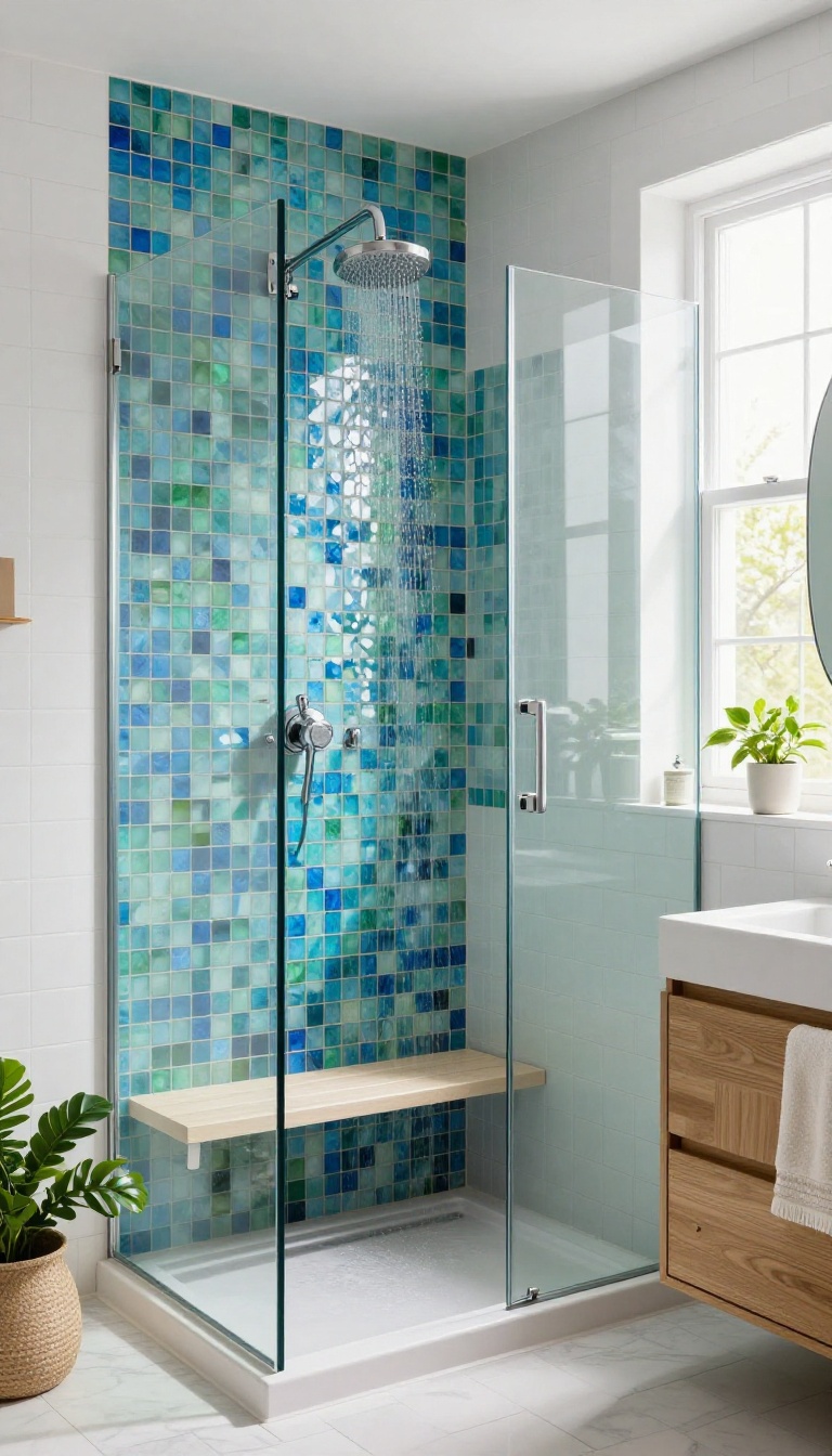 Open walk-in shower with a colorful mosaic tile accent wall in a bright modern bathroom