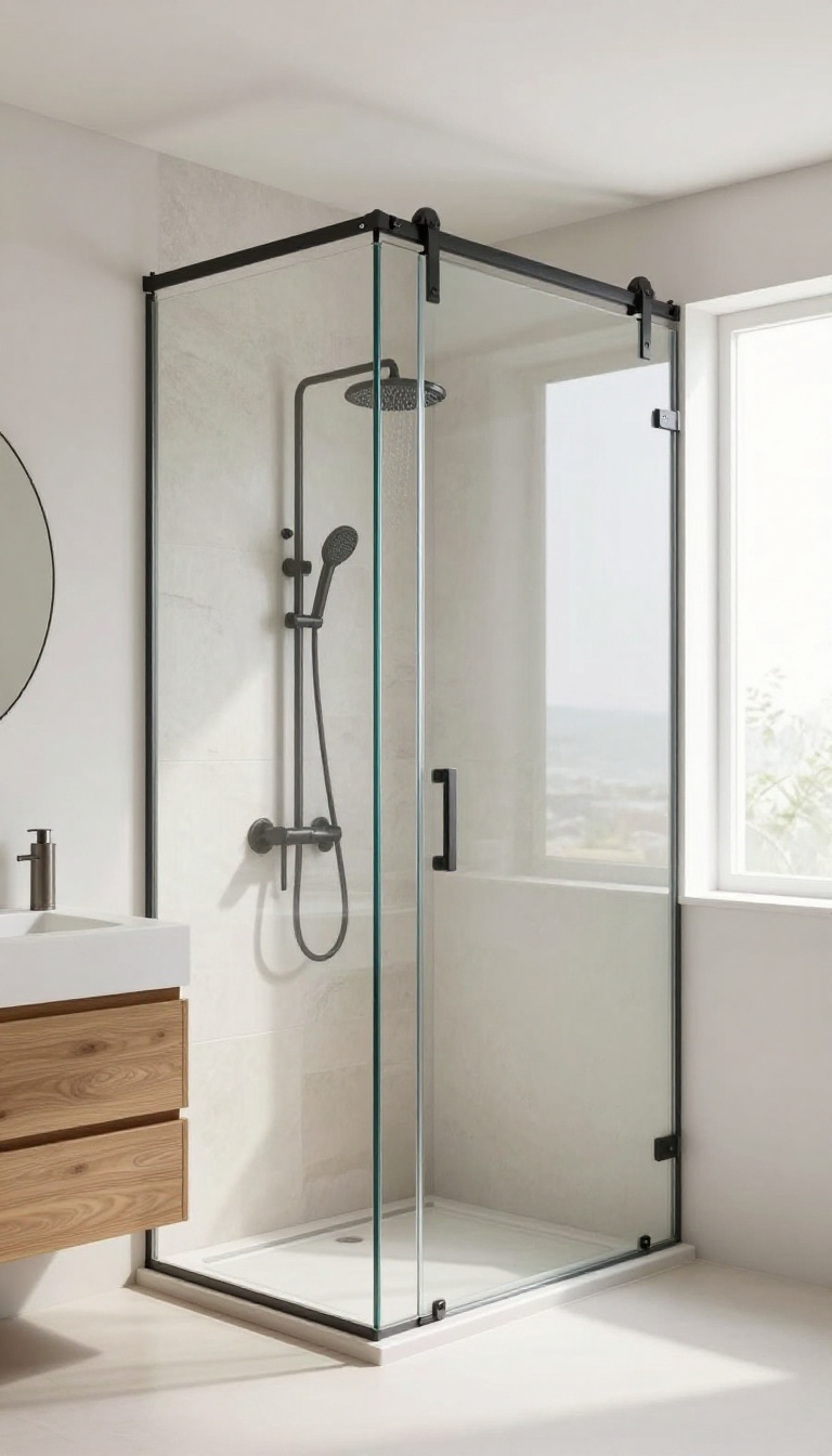 Modern bathroom with a glass barn door shower enclosure and matte black hardware, showcasing a seamless custom finish.