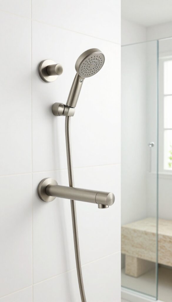 Modern brushed nickel shower faucet in a bright, clean bathroom with white tiles and natural light