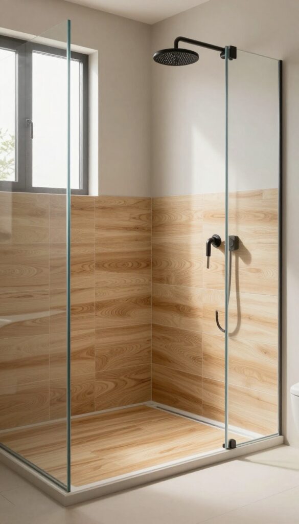 Modern bathroom shower curb with wood-look porcelain tiles in a warm oak finish, showcasing a cozy and durable alternative to real wood.