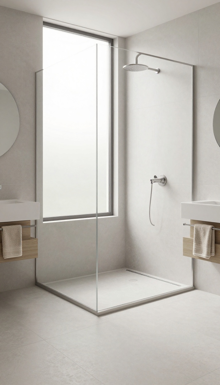 Zero-threshold shower with built-in tub in a bright, minimalist bathroom