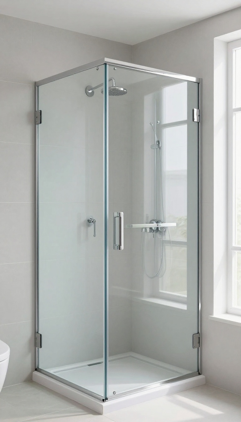 Semi-frameless glass shower with chrome accents in a bright modern bathroom