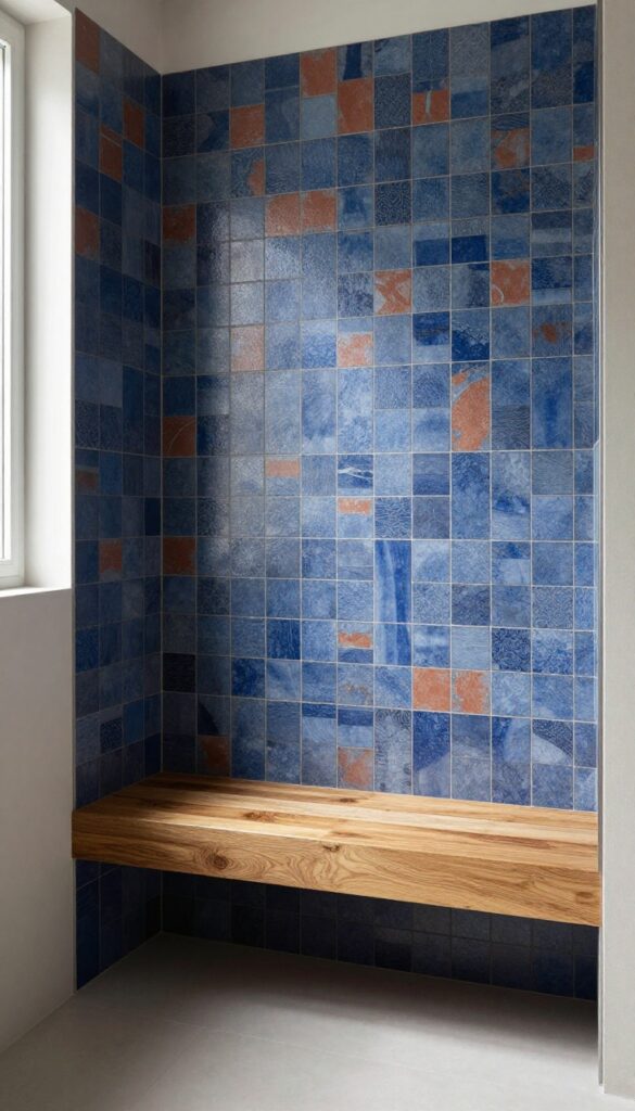 Modern shower with patterned tile and a teak wood seat