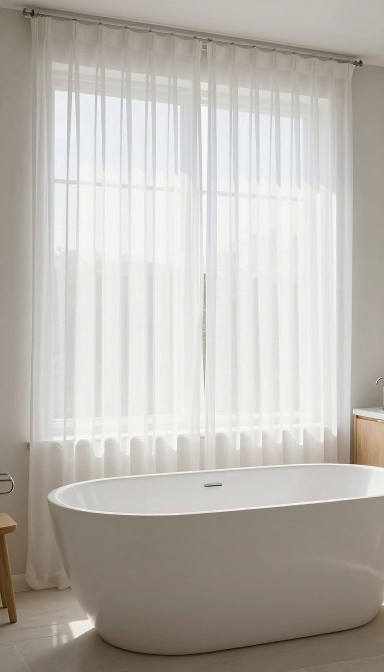 Sheer white shower curtain diffusing sunlight in a bright bathroom