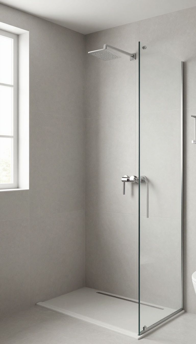 Modern bathroom shower with large-format gray porcelain tiles, seamless look, and glass enclosure in natural light