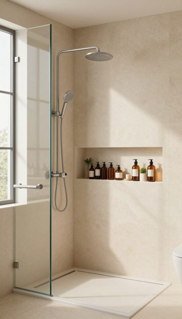 Modern walk-in shower with a recessed storage niche holding toiletries, bathed in natural light.
