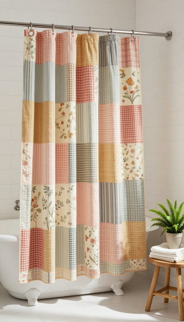 Vintage bathroom with a patchwork quilt shower curtain in warm earth tones and soft pastels, featuring floral, gingham, and stripe patterns, with a clawfoot tub and bright natural light.