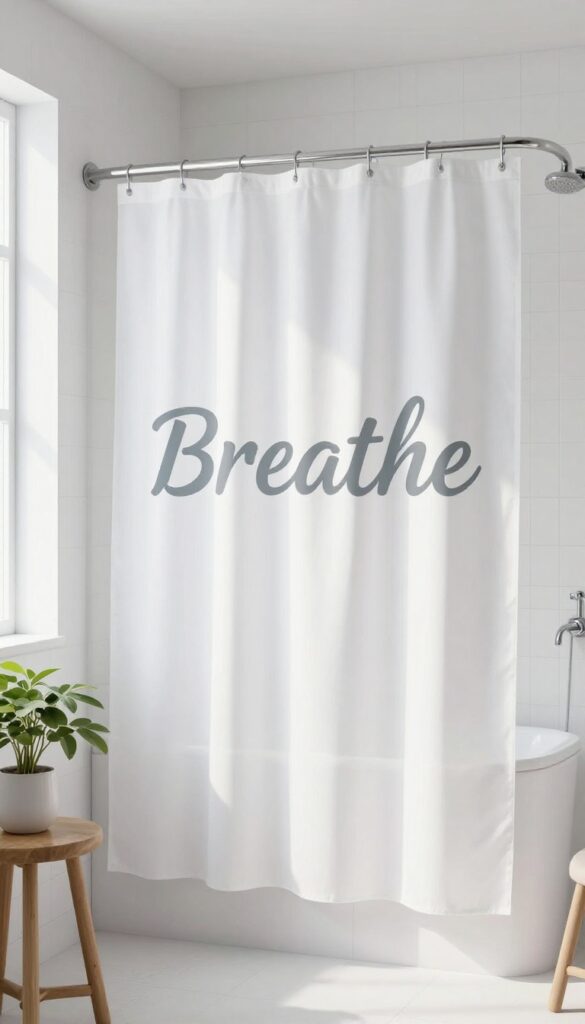 A bright bathroom with a shower curtain displaying the word 'Breathe' in elegant script, surrounded by natural light and simple decor.