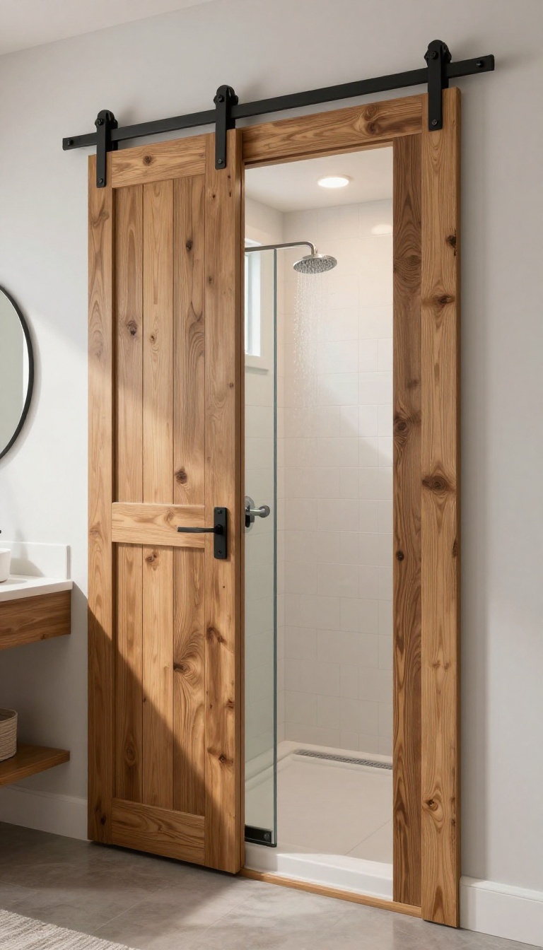 Small walk-in shower with a sliding barn door in a modern farmhouse bathroom