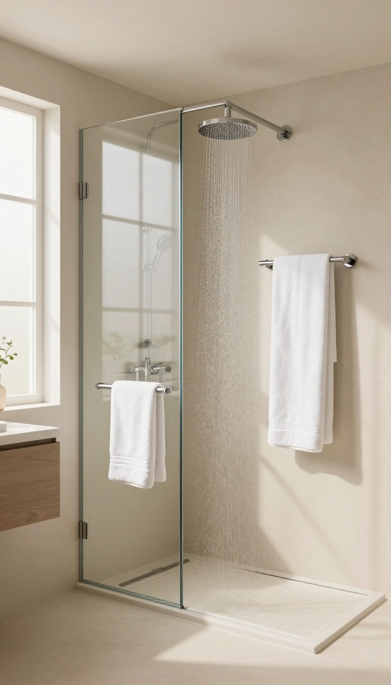 Modern master bathroom with a heated towel bar and radiant heated floor, featuring a walk-in shower and soft natural light.