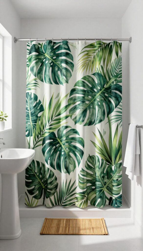Small bathroom with a tropical mural shower curtain featuring monstera leaves, white sink, and bamboo mat