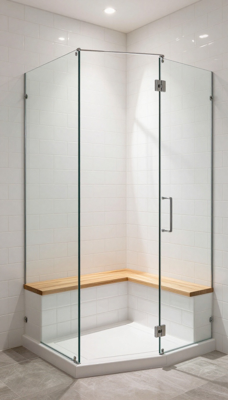 Small walk-in shower with a built-in corner bench, featuring white subway tile and a teak wood seat, bathed in natural light.