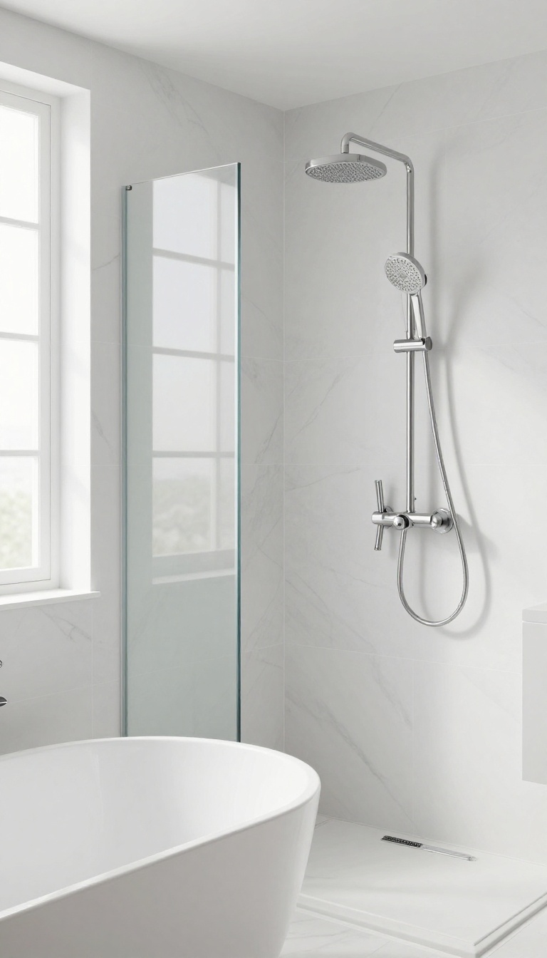 Bathroom with a tub and two showerheads, one overhead rain shower and one handheld on a slide bar, in a bright, modern spa-like setting.