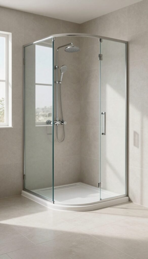 Compact bathroom with quadrant shower base and curved glass screen in a bright, modern setting.
