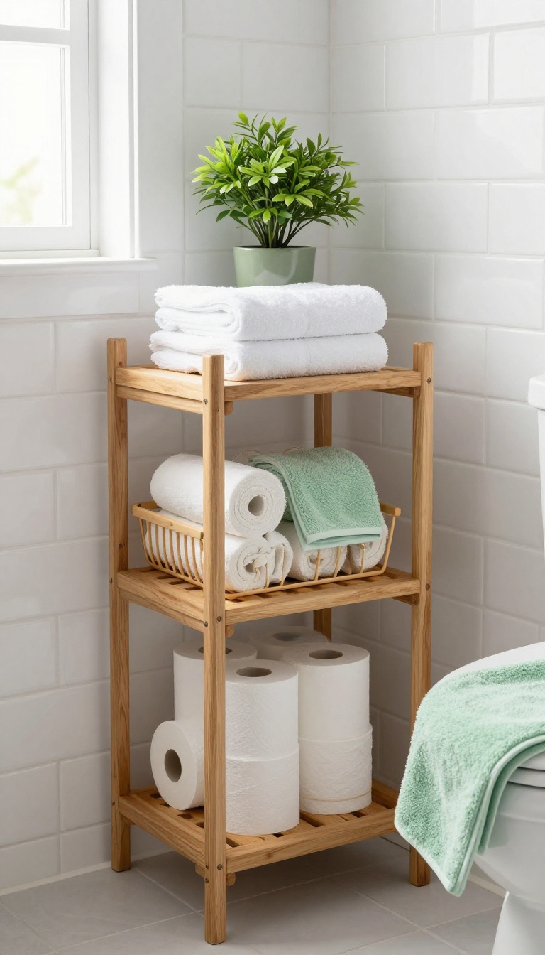 Over-the-toilet caddy with towels, toiletries, and a plant in a bright bathroom