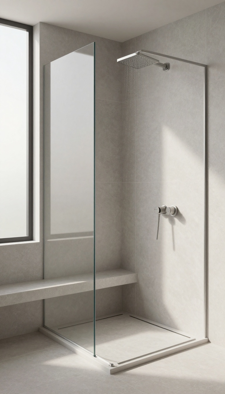 Modern zero-entry shower with a built-in tiled bench and rainfall showerhead in bright natural light