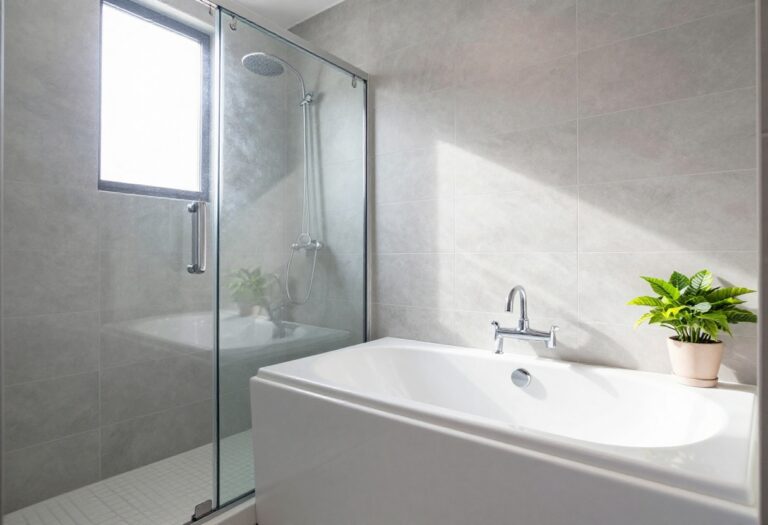 Modern tub shower with large gray porcelain tiles and glass door