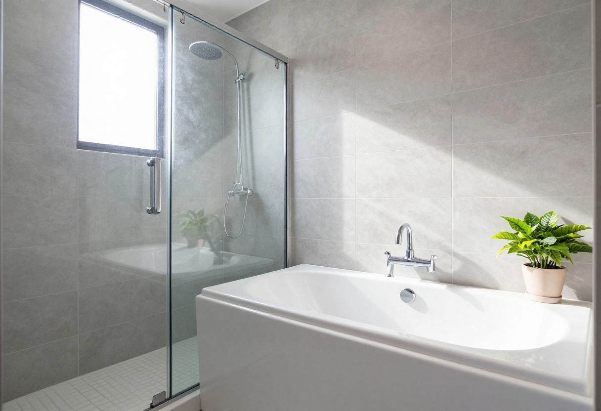 Modern tub shower with large gray porcelain tiles and glass door