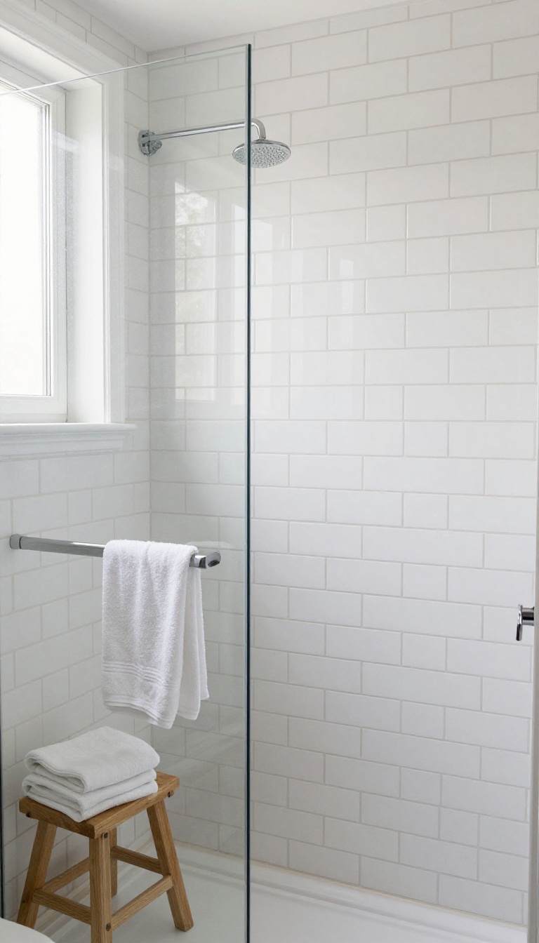 Bright modern shower with classic white subway tile and glass door