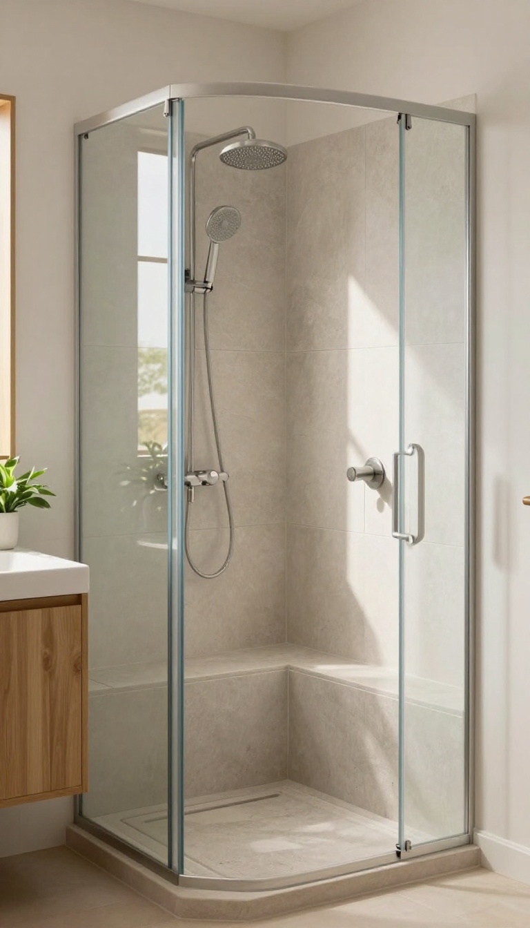 Modern shower cabin with a built-in stone corner bench in an irregular nook, featuring a handheld showerhead and natural light.
