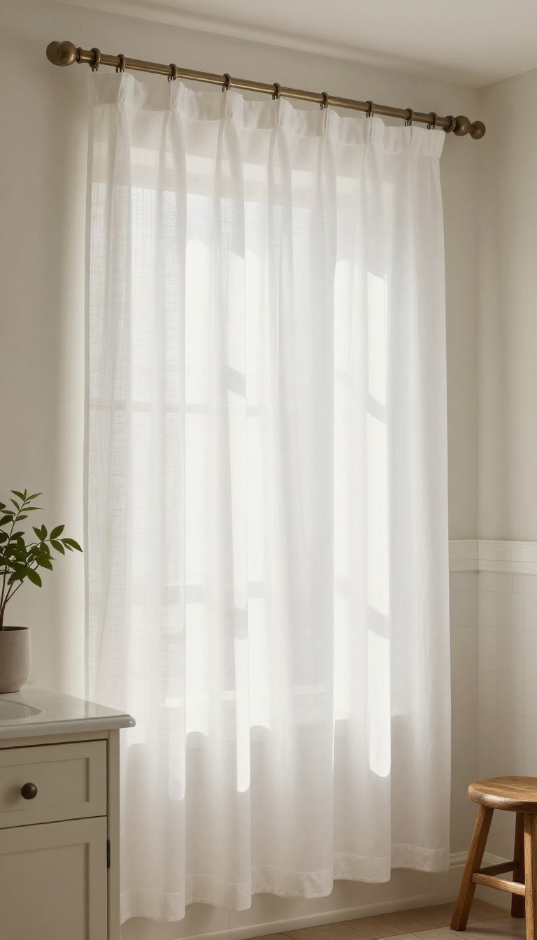 Soft, ruffled rod pocket shower curtain in a bright, farmhouse-style bathroom with a decorative bronze rod.