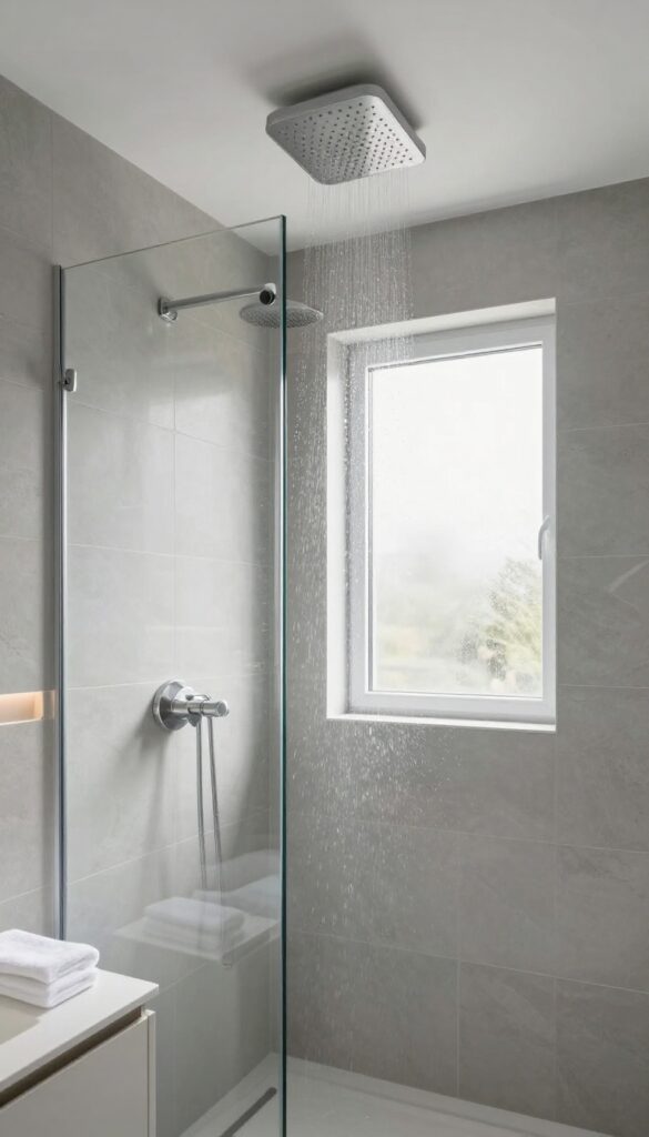 Compact bathroom with a ceiling-mounted rain shower head, glass enclosure, and natural stone accent wall