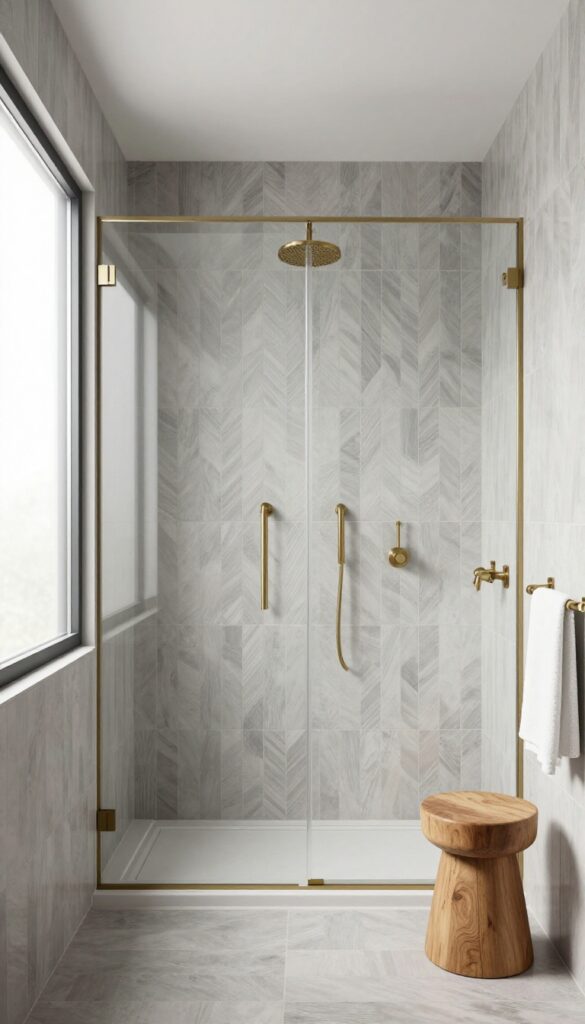 Grey chevron tiles in a bright, warm shower with brass fixtures and a wooden stool
