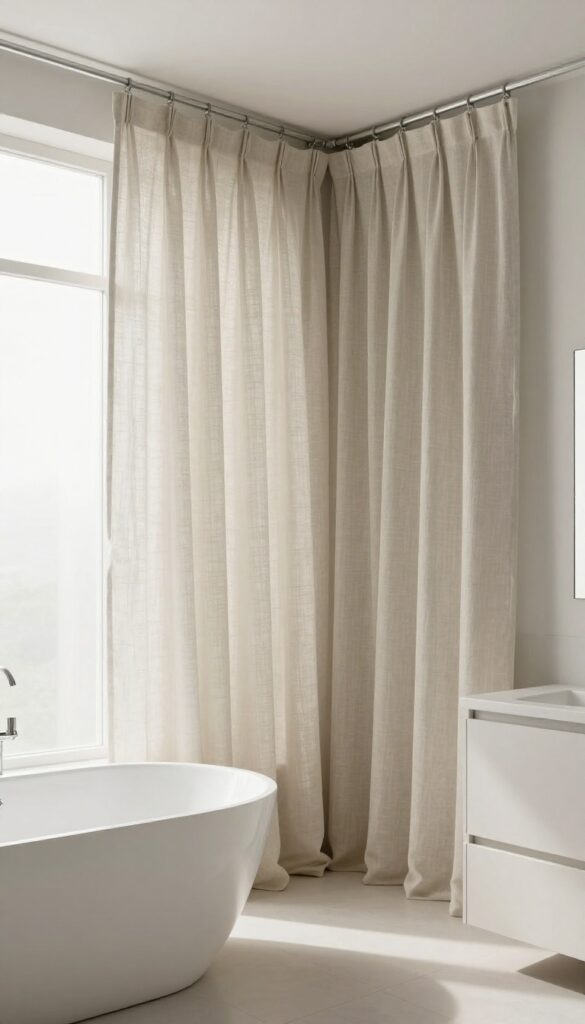 A large bathroom with a neutral curtain used as a room divider between a soaking tub and a vanity area.