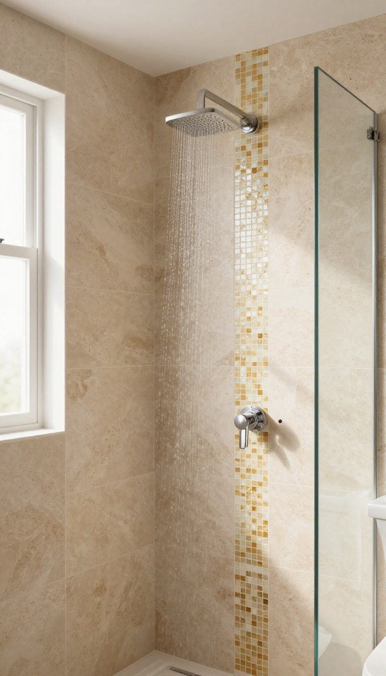 Modern stone and glass shower with travertine walls and a vertical strip of glass mosaic tiles, illuminated by natural light