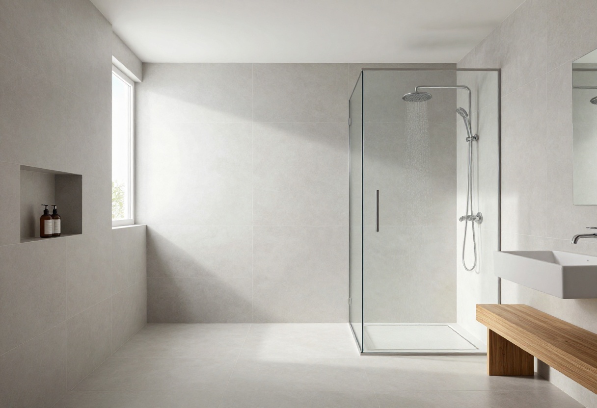 Modern stand-up shower with frameless glass, rainfall showerhead, and teak bench