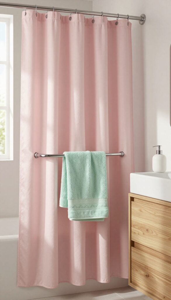 Pastel pink shower curtain in a bright bathroom with mint green towels and natural wood accents.