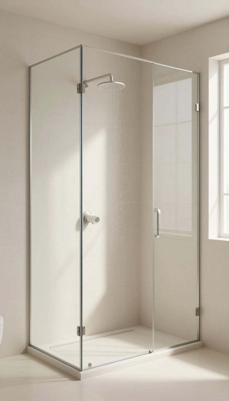 Small walk-in shower with large-format tiles and minimal grout lines