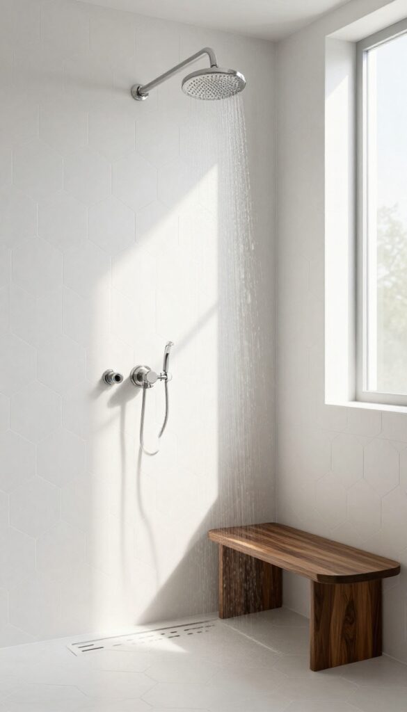 Modern shower with white hexagon tiles and a dark wood seat