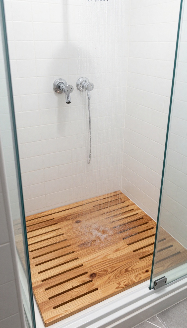 Teak wood shower mat with drainage in a small modern bathroom shower, with water flowing through the slots.