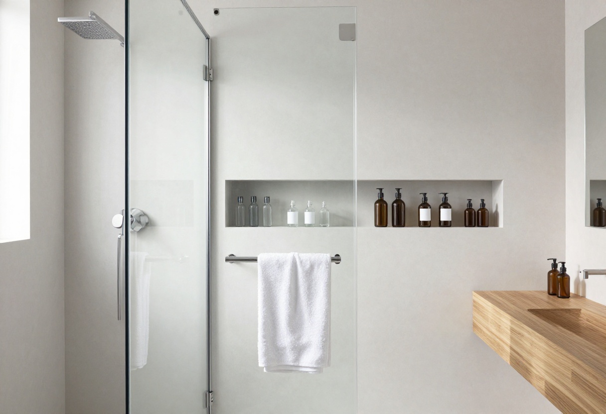 Modern shower with built-in niche shelves and teak wood bench for organized storage