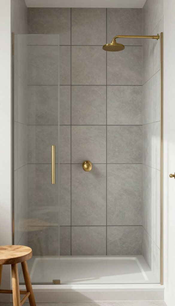 Large matte grey tiles with dark grout in a bright modern shower, accented with brass fixtures and a wooden stool.