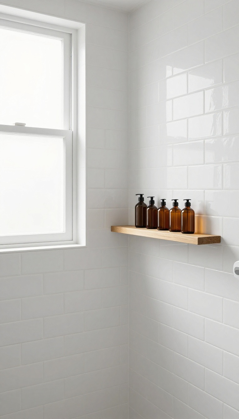 Modern bathroom shower with built-in niche shelf and teak wood accents