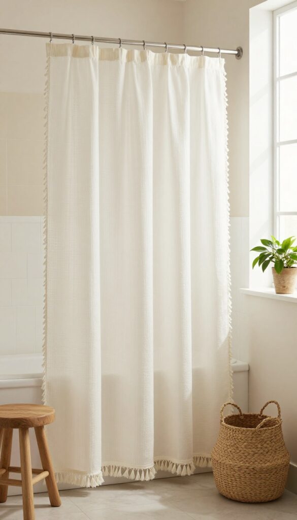 Boho bathroom with tasseled shower curtain and natural accents