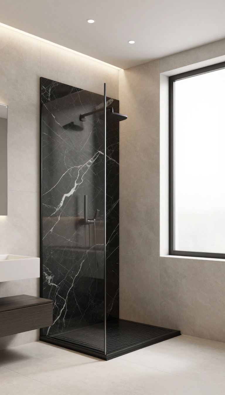 Modern shower with black onyx accent wall and neutral beige tiles